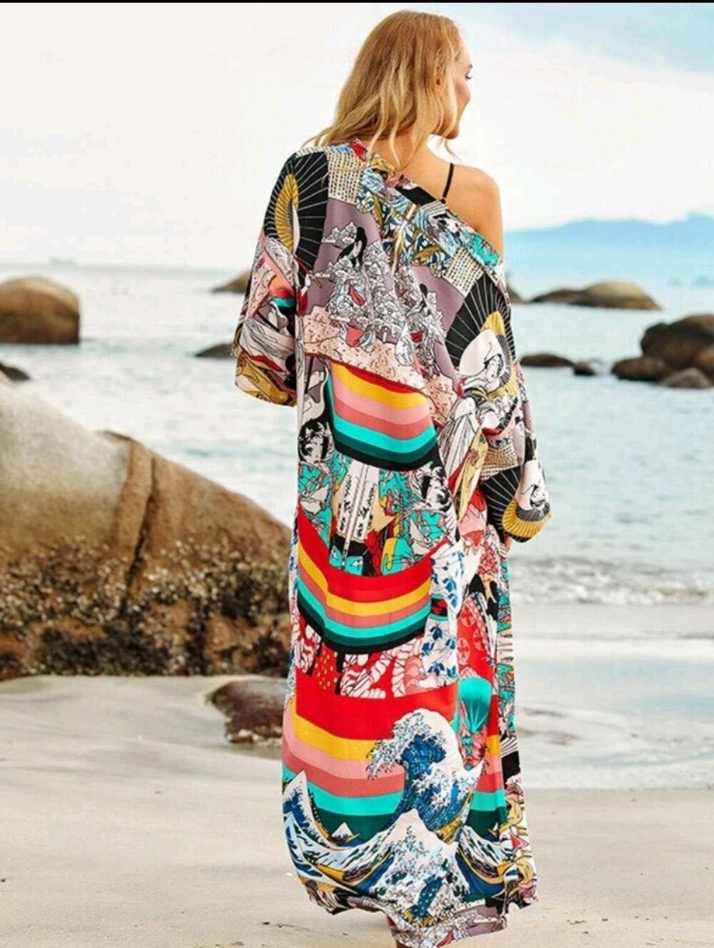 Micas Japanese Multicolor Print Kimono Robe Jacket Satin Boho Duster Size M